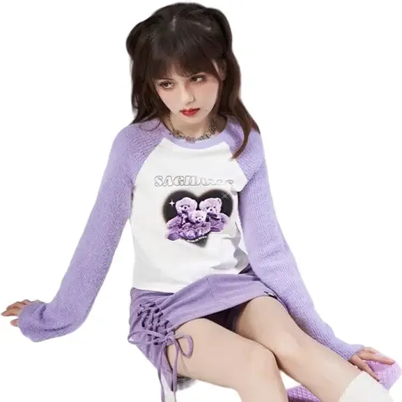 Purple Knitted Splicing Print Harajuku Sweatshirt