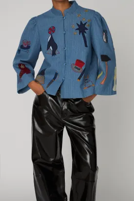 Quilted handcrafted circus jacket - Washed Denim Blue