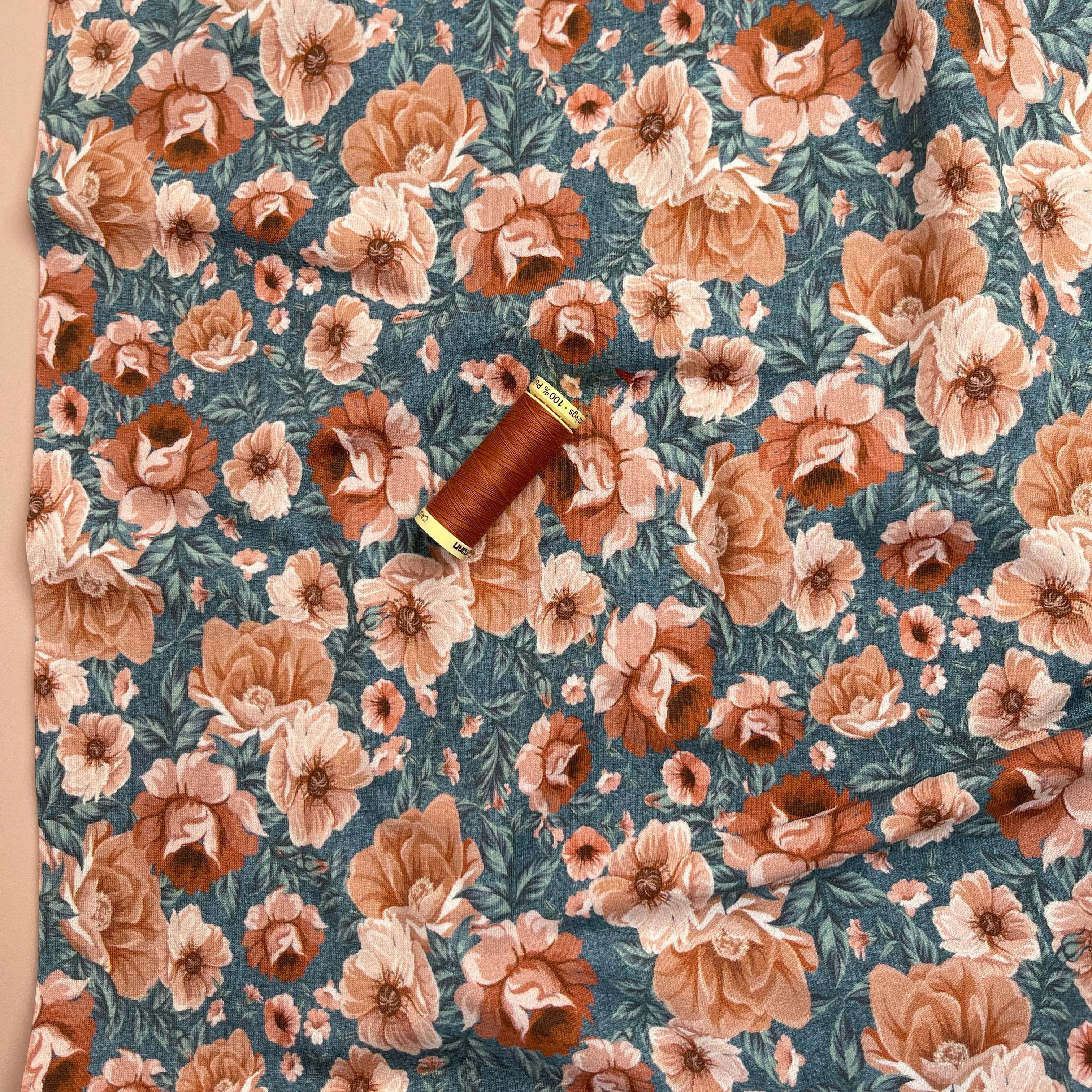 REMNANT 0.39 Metre - Watercolour Roses Sienna on Light Teal Cotton Sweat-shirting Fabric