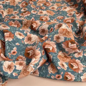 REMNANT 0.39 Metre - Watercolour Roses Sienna on Light Teal Cotton Sweat-shirting Fabric