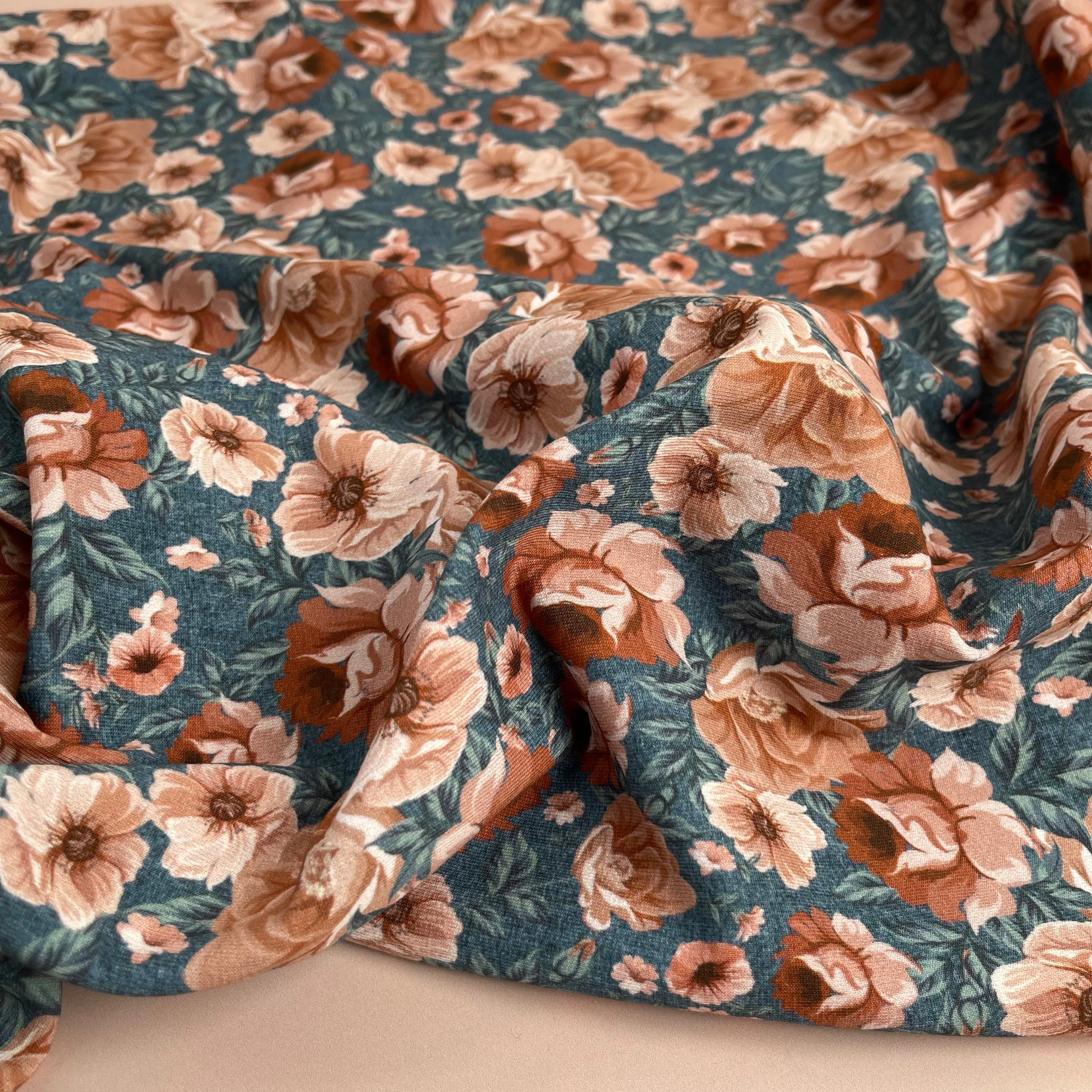 REMNANT 0.39 Metre - Watercolour Roses Sienna on Light Teal Cotton Sweat-shirting Fabric