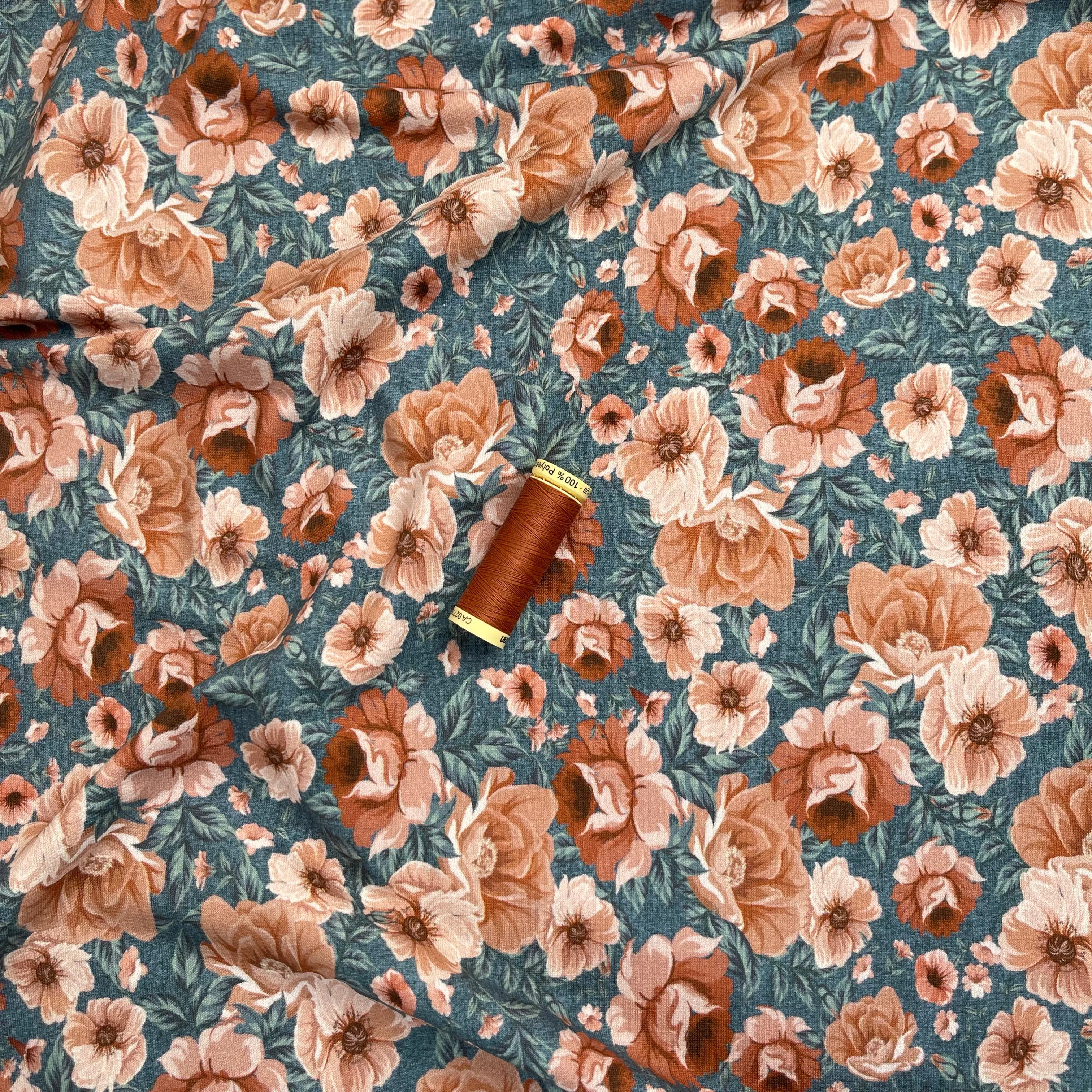 REMNANT 0.39 Metre - Watercolour Roses Sienna on Light Teal Cotton Sweat-shirting Fabric