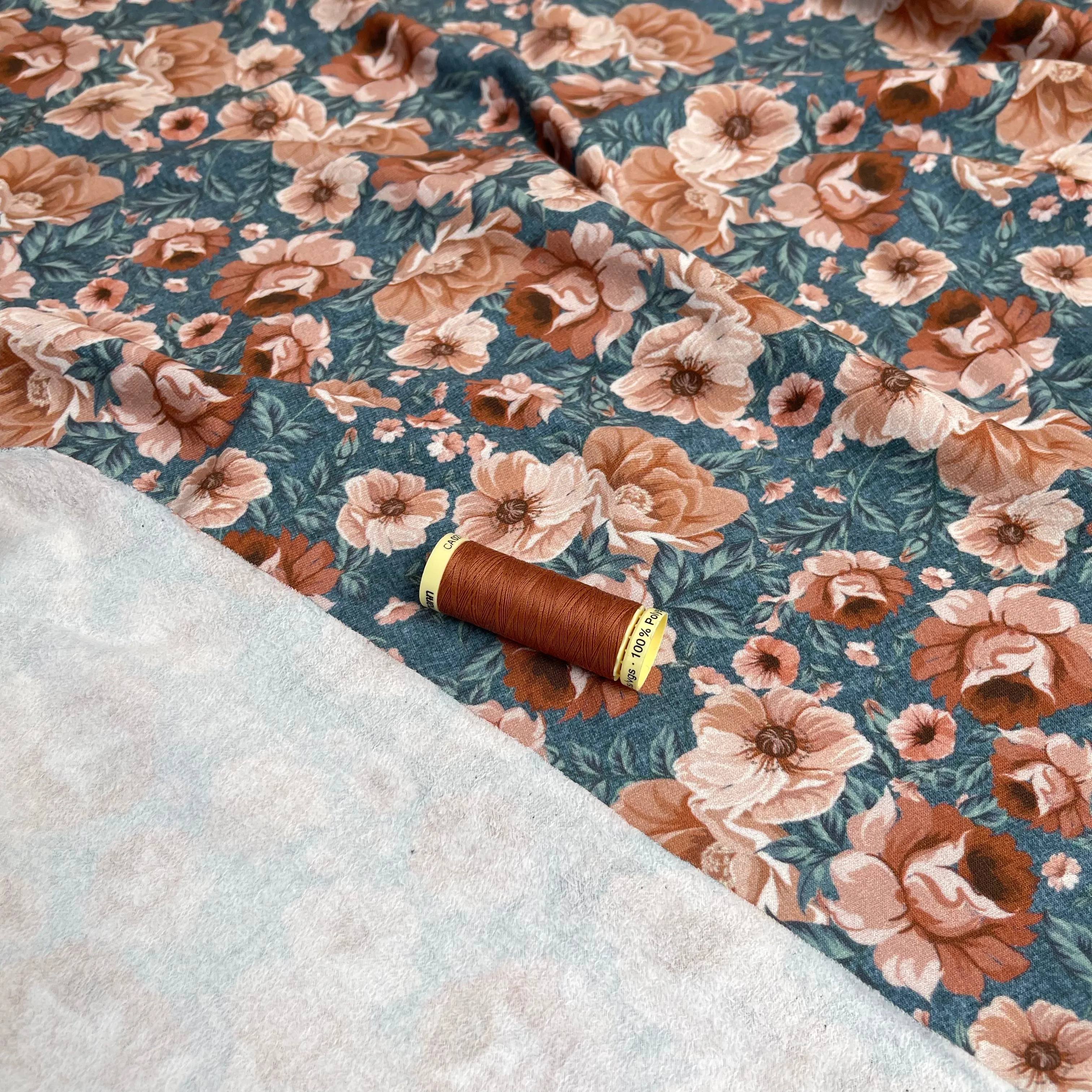 REMNANT 0.39 Metre - Watercolour Roses Sienna on Light Teal Cotton Sweat-shirting Fabric
