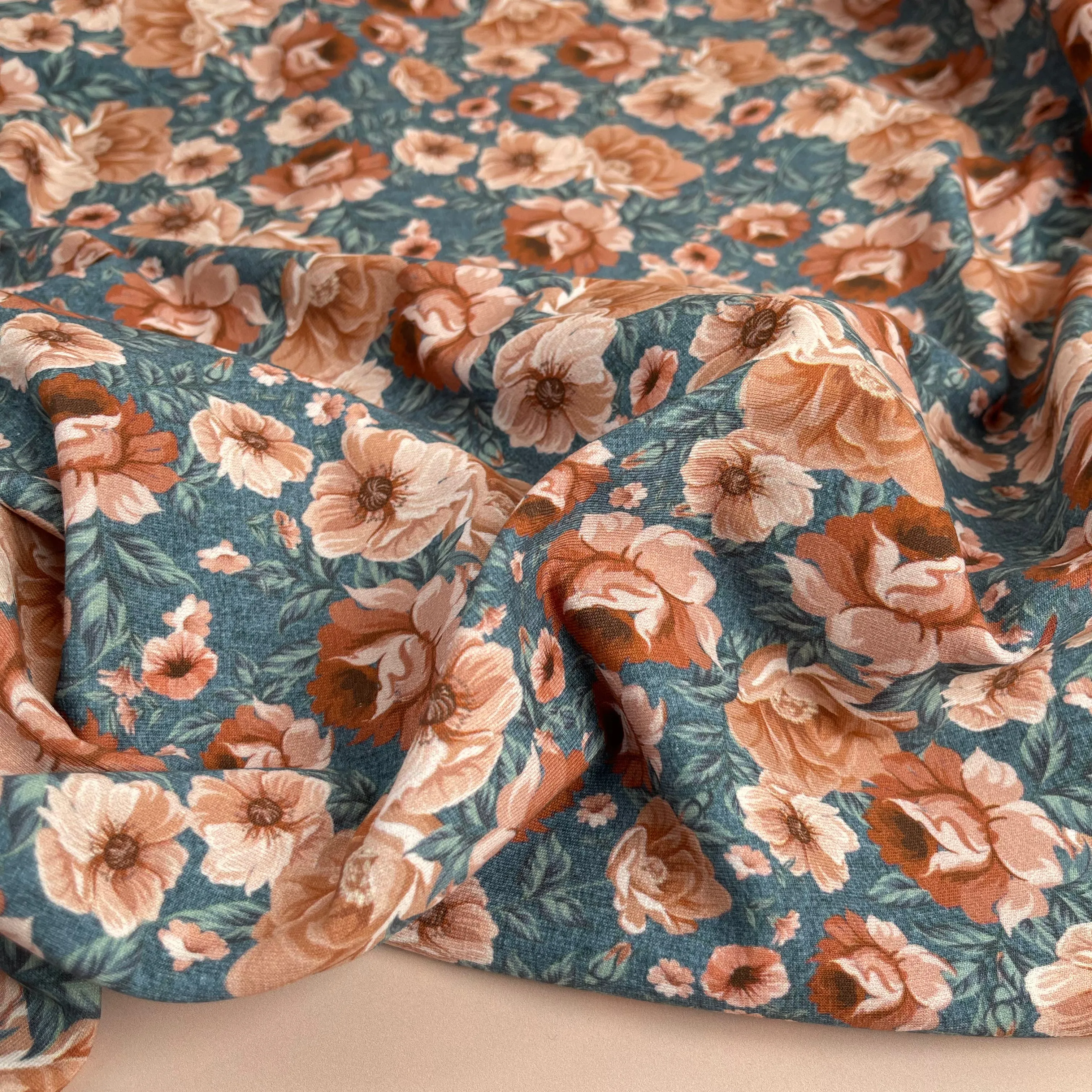 REMNANT 0.39 Metre - Watercolour Roses Sienna on Light Teal Cotton Sweat-shirting Fabric
