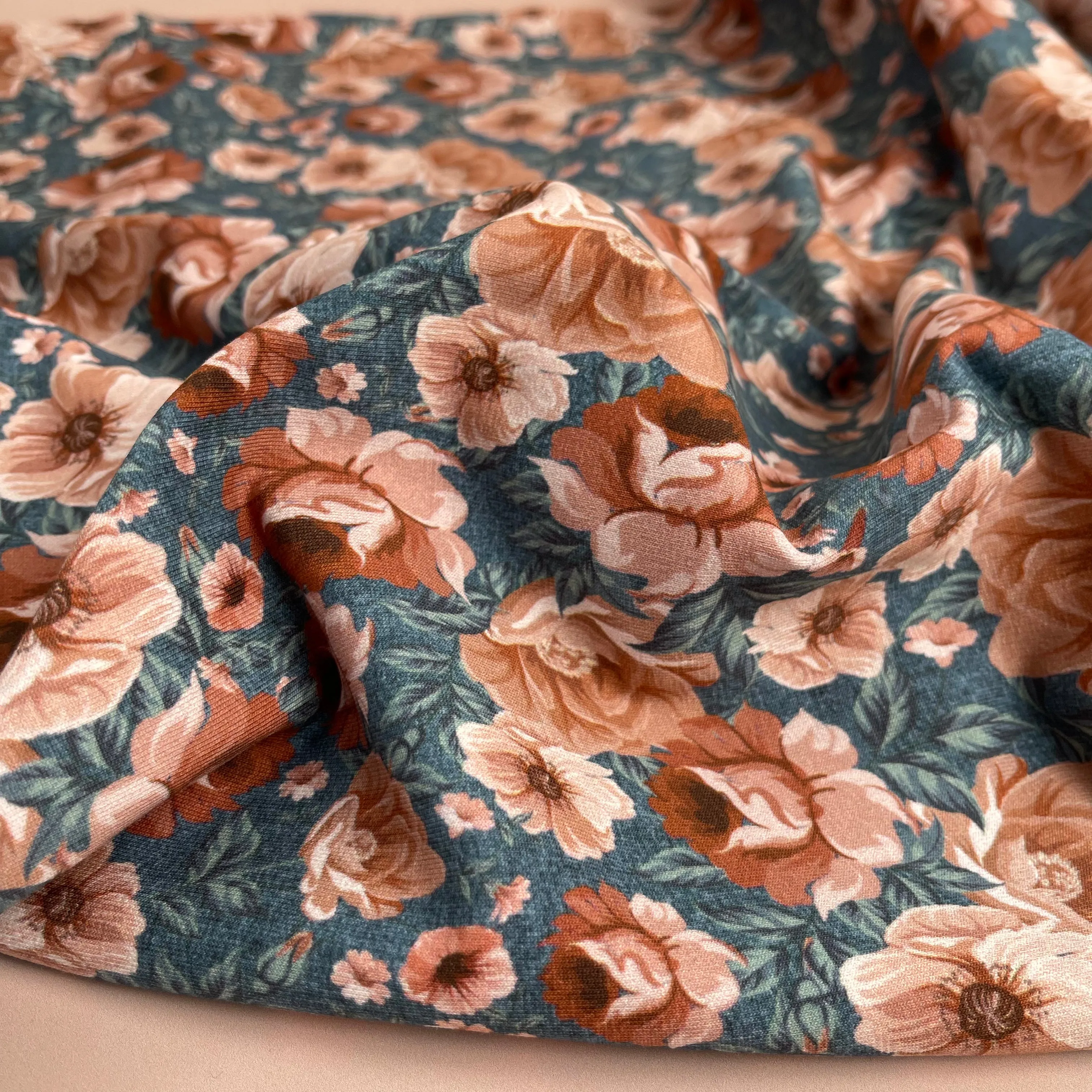 REMNANT 0.39 Metre - Watercolour Roses Sienna on Light Teal Cotton Sweat-shirting Fabric