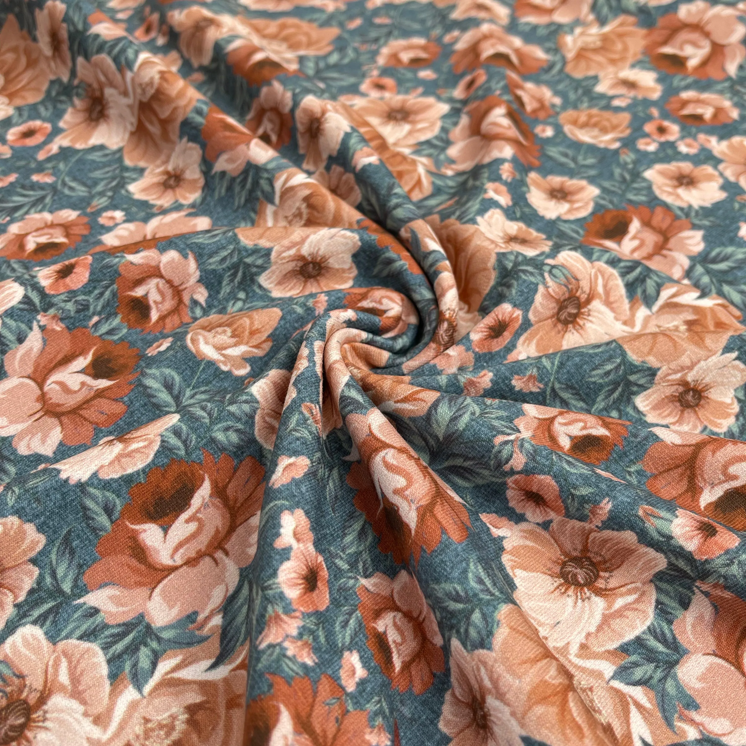 REMNANT 0.39 Metre - Watercolour Roses Sienna on Light Teal Cotton Sweat-shirting Fabric