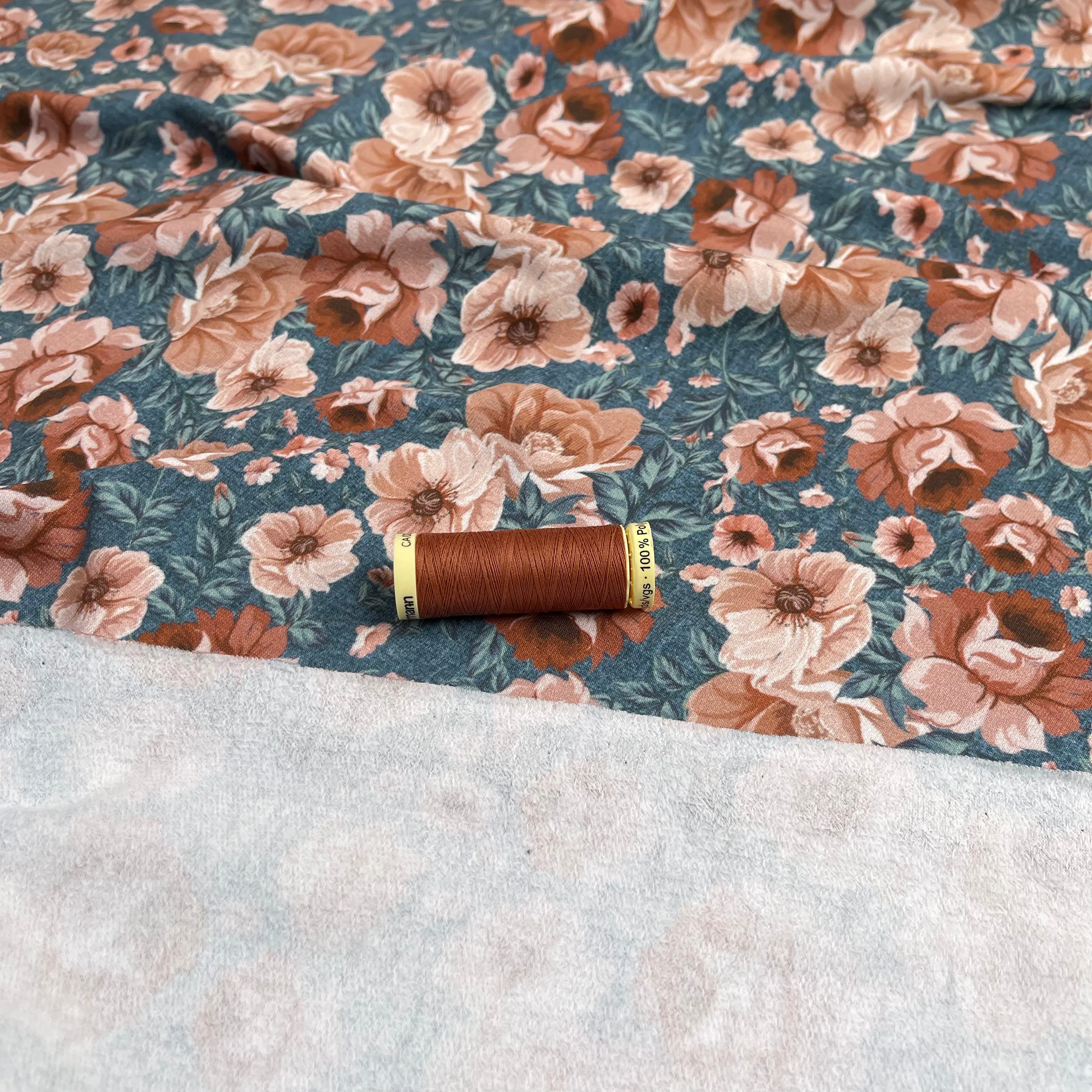 REMNANT 0.39 Metre - Watercolour Roses Sienna on Light Teal Cotton Sweat-shirting Fabric