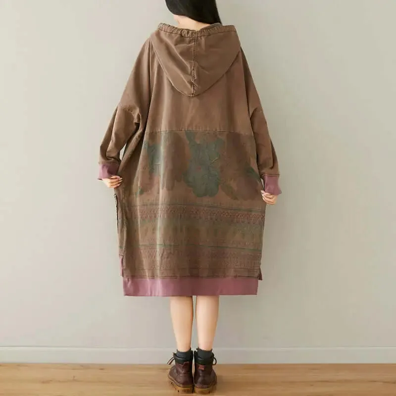 Retro Totem Print Khaki Cotton Hoodie for Stylish Fall Vibes