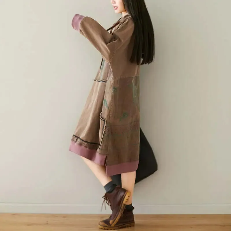 Retro Totem Print Khaki Cotton Hoodie for Stylish Fall Vibes