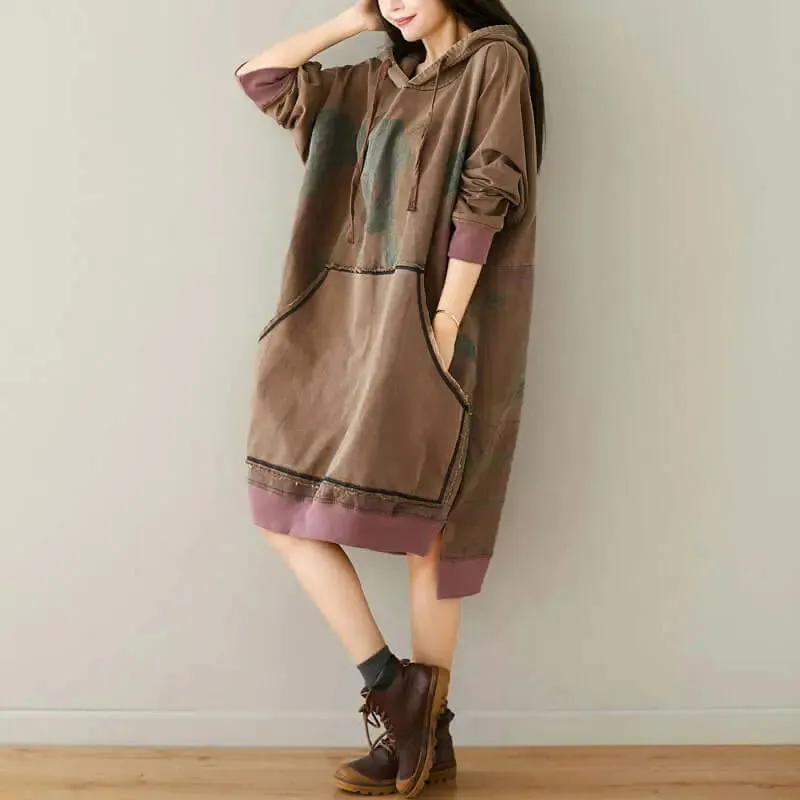 Retro Totem Print Khaki Cotton Hoodie for Stylish Fall Vibes