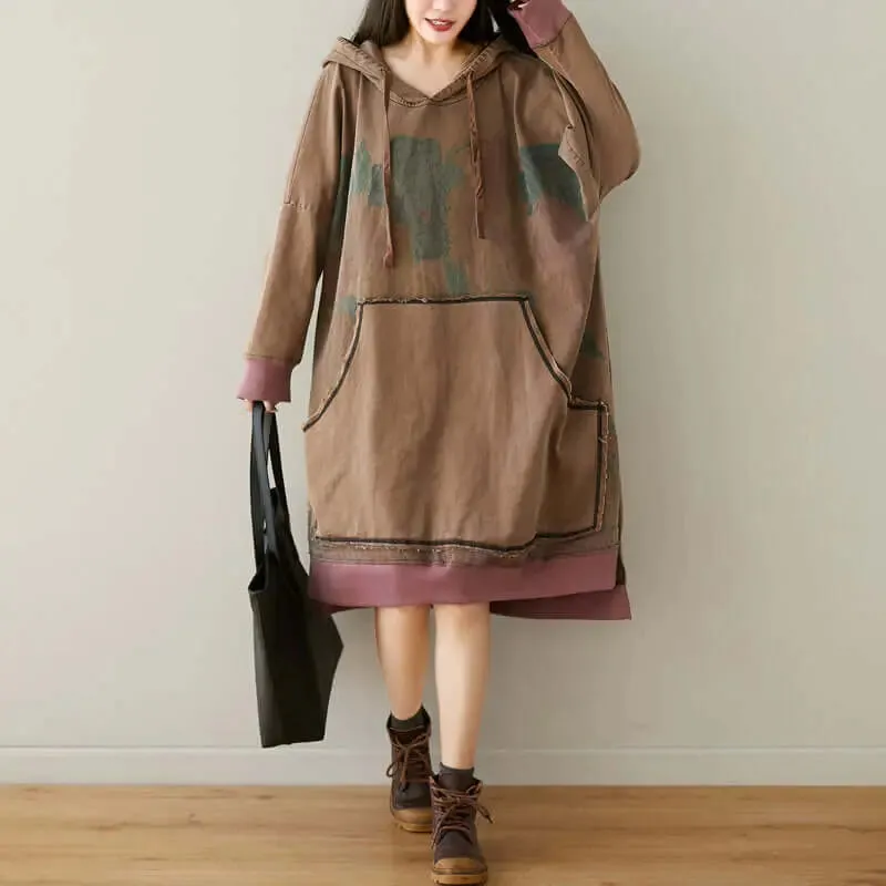 Retro Totem Print Khaki Cotton Hoodie for Stylish Fall Vibes