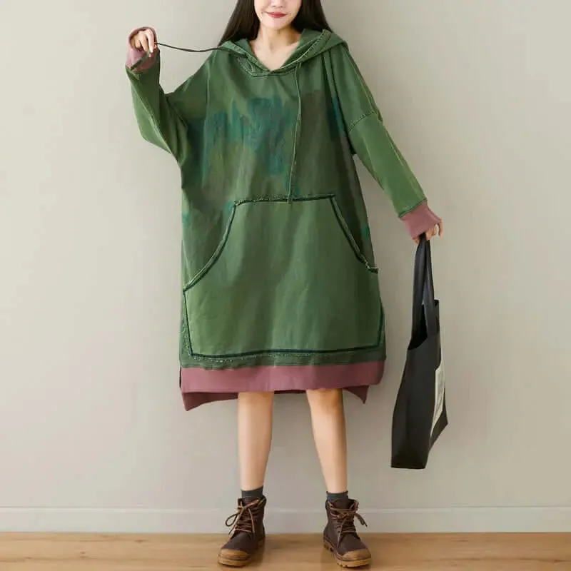 Retro Totem Print Khaki Cotton Hoodie for Stylish Fall Vibes