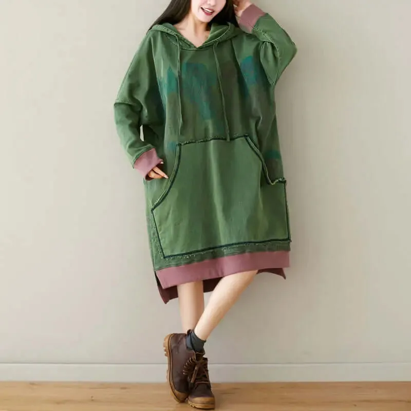 Retro Totem Print Khaki Cotton Hoodie for Stylish Fall Vibes