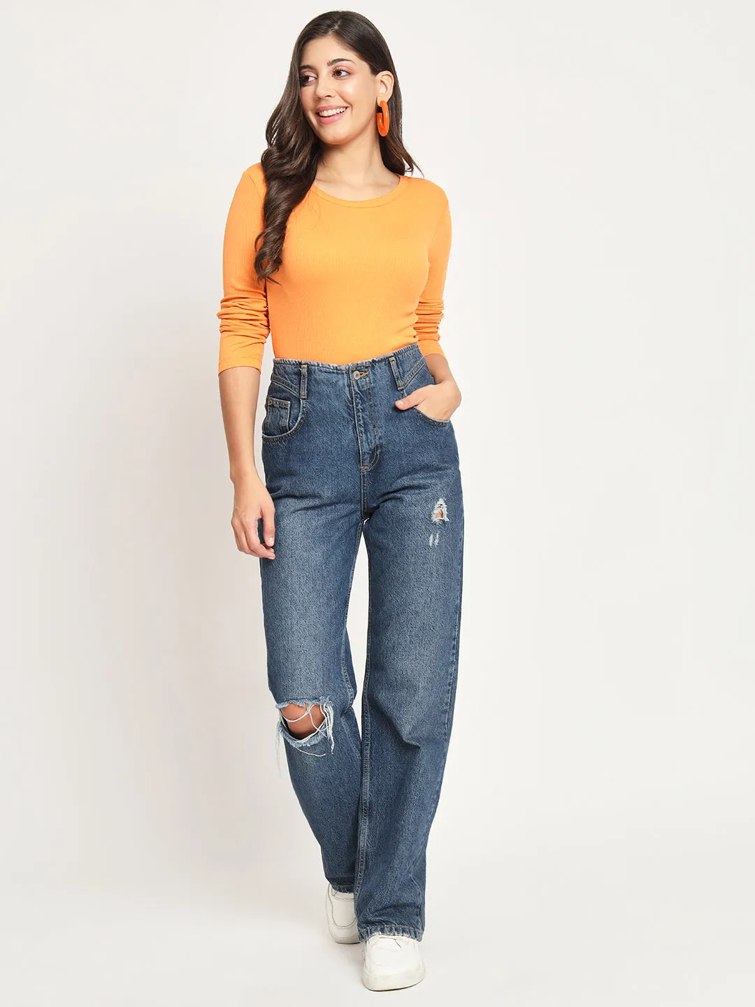 Ribbed Round Neck Fitted Top