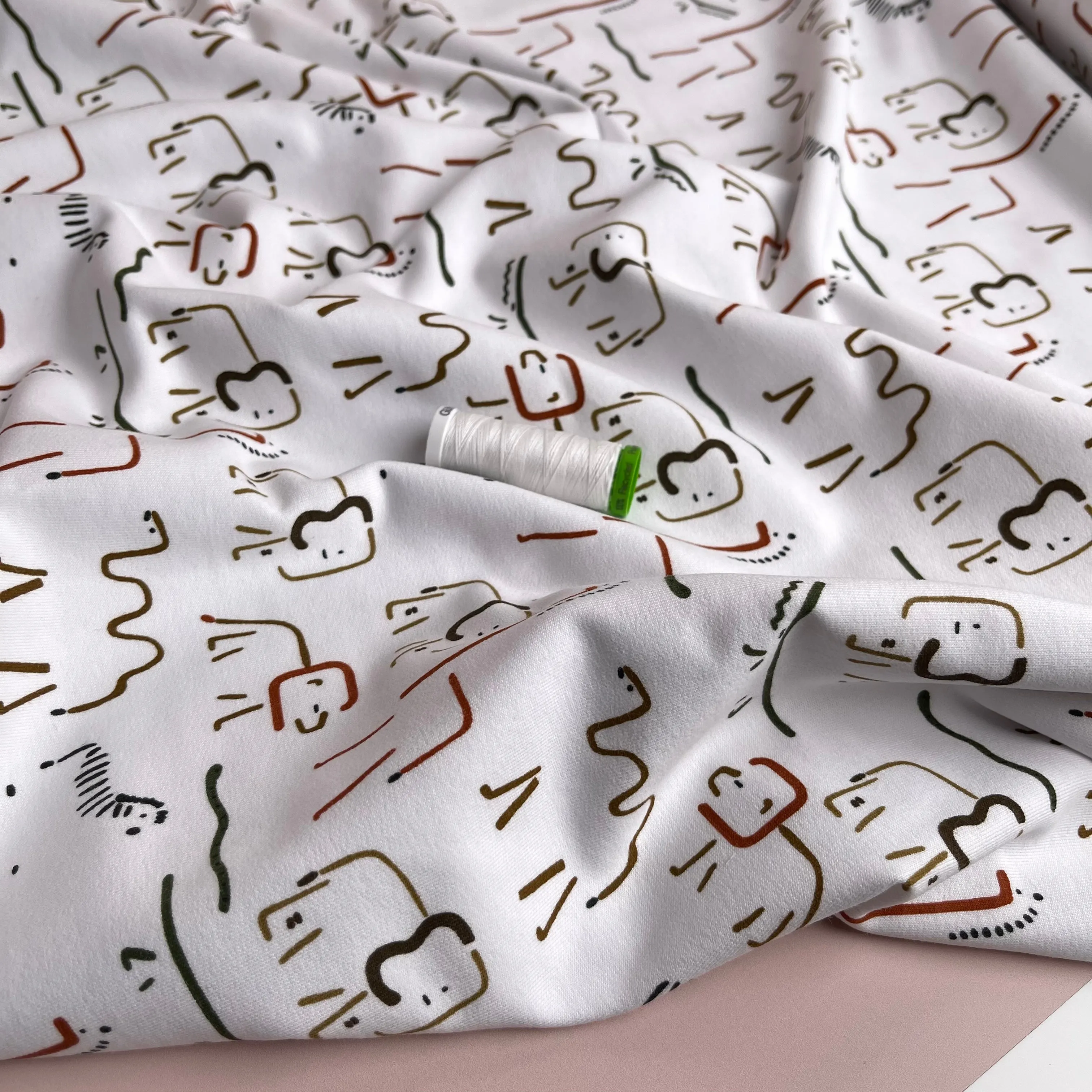 Safari Animals Peach Soft Cotton French Terry on White