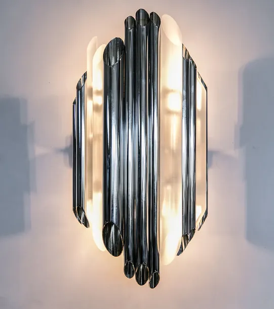 Sculptural Modern Wall Light In 2 Sizes With Plexiglass "Pipes" In Chrome Or Bronze