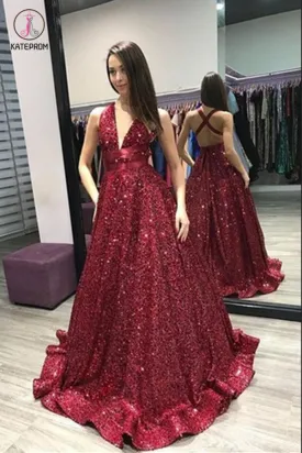 Sexy Deep V Neck Sequined Prom Dress with Crisscross Back, Chic Evening Dress with Ribbon KPP0473