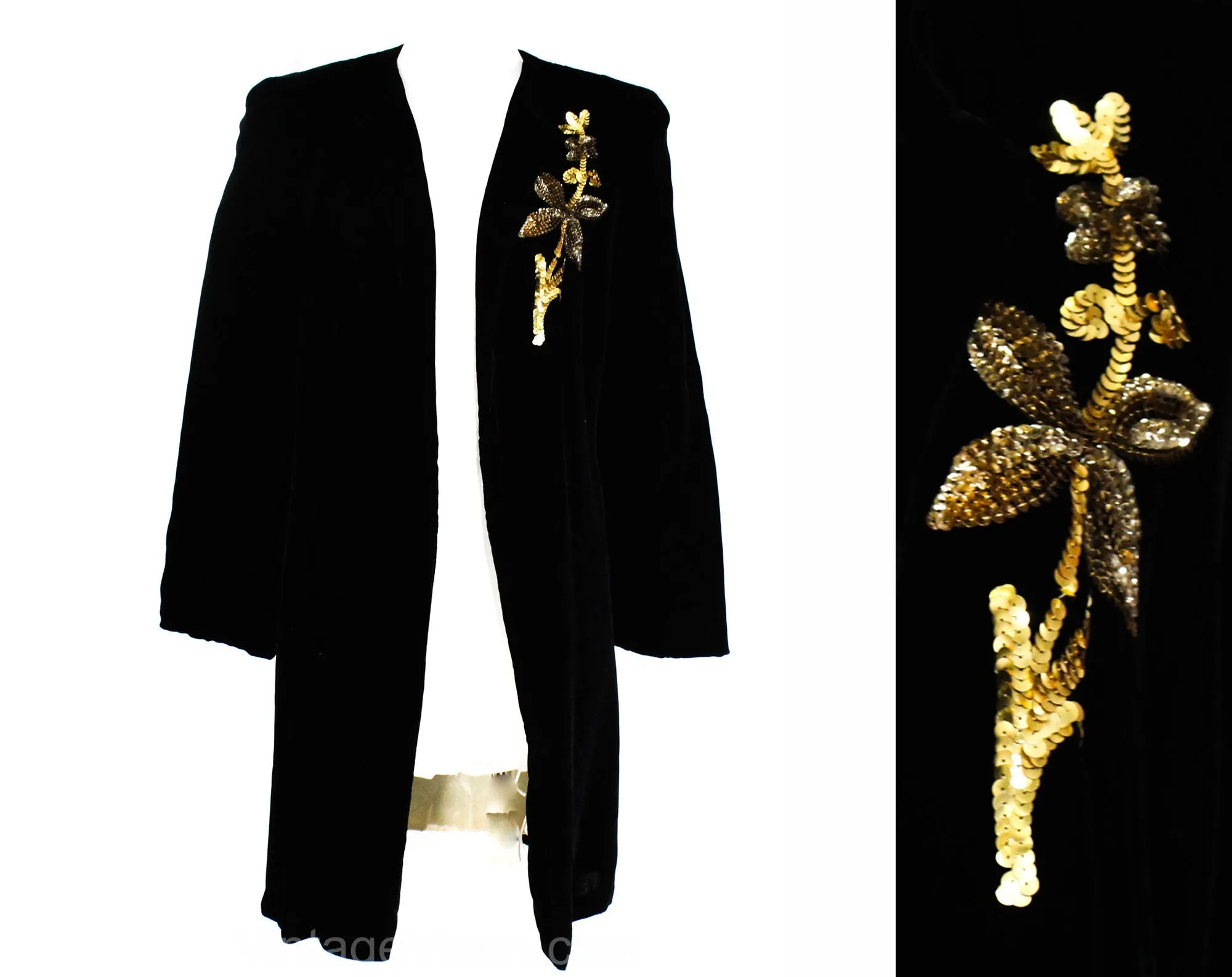 Size 10 1940s Black Velvet Coat - 40s Evening Jacket with Gold Sequins Flower & Quilted Lining - Authentic WWII Era Formal Wear - Bust 38