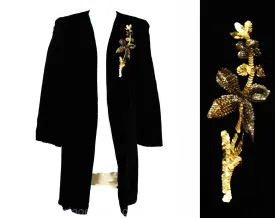 Size 10 1940s Black Velvet Coat - 40s Evening Jacket with Gold Sequins Flower & Quilted Lining - Authentic WWII Era Formal Wear - Bust 38