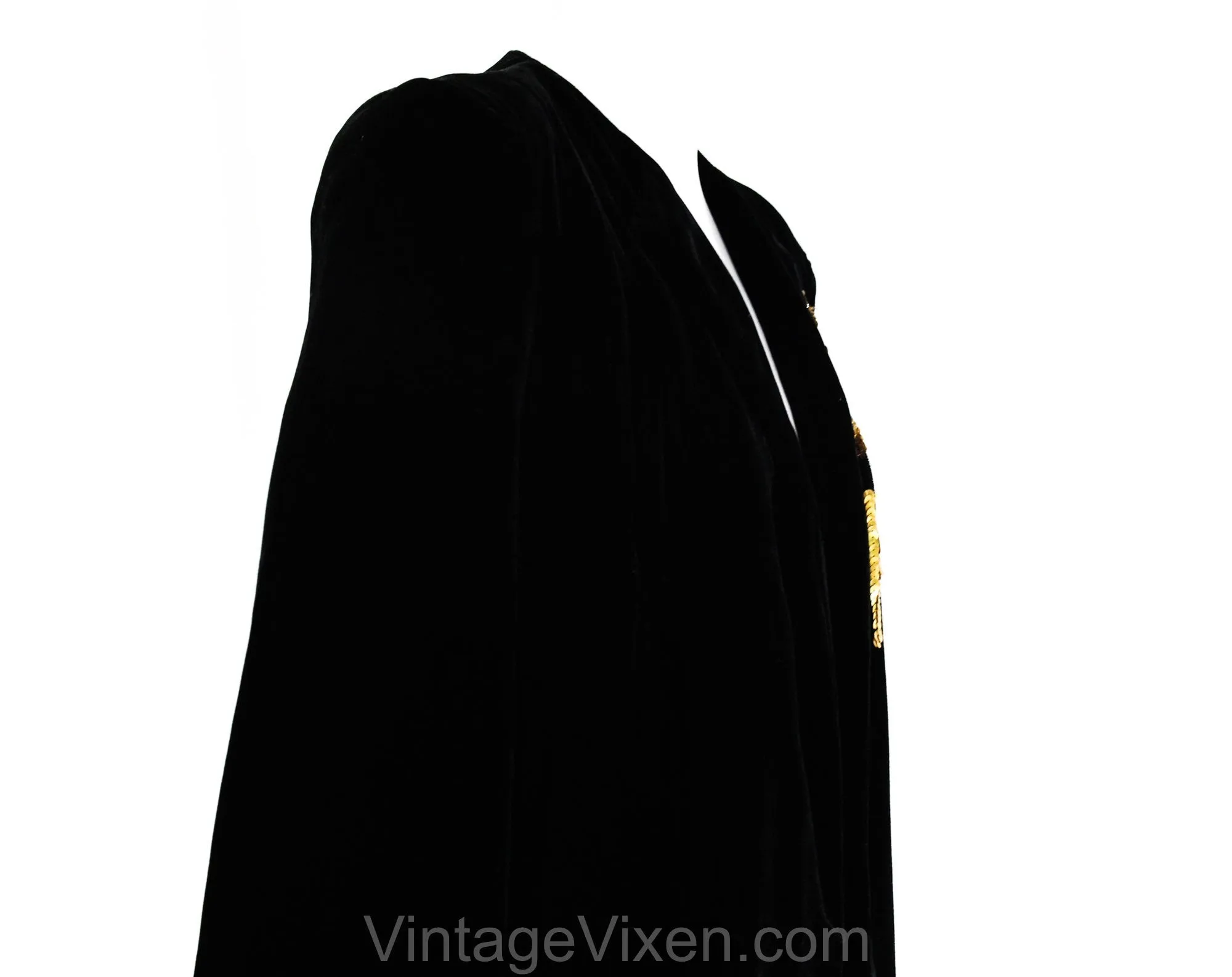 Size 10 1940s Black Velvet Coat - 40s Evening Jacket with Gold Sequins Flower & Quilted Lining - Authentic WWII Era Formal Wear - Bust 38