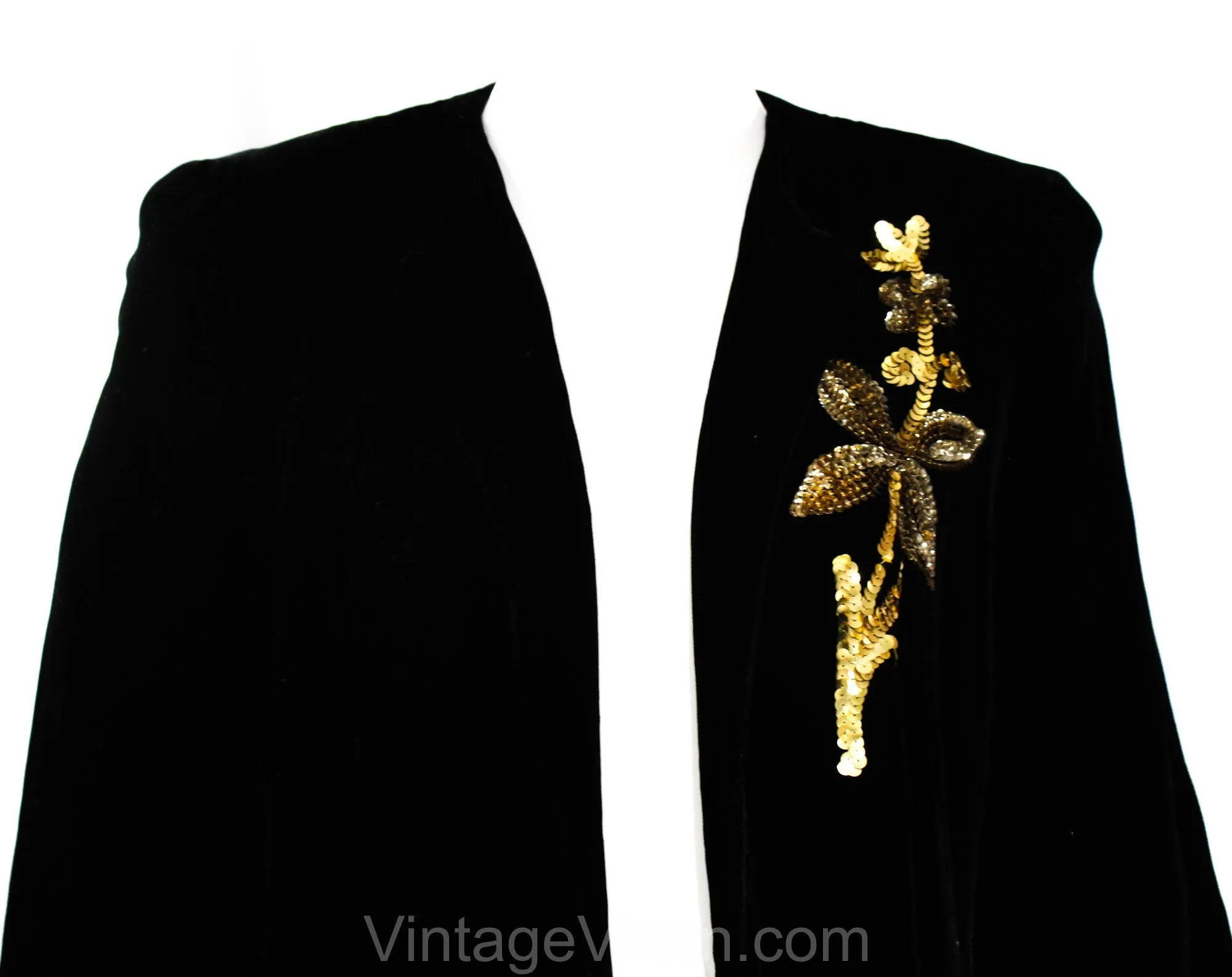 Size 10 1940s Black Velvet Coat - 40s Evening Jacket with Gold Sequins Flower & Quilted Lining - Authentic WWII Era Formal Wear - Bust 38
