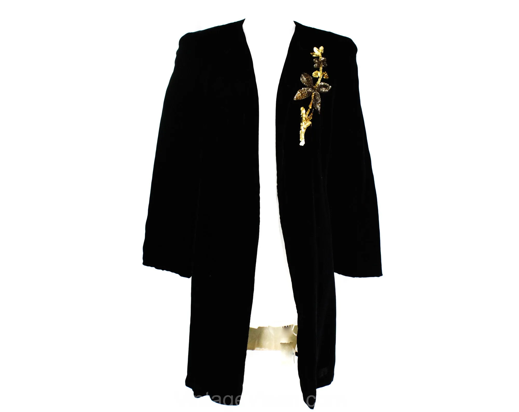 Size 10 1940s Black Velvet Coat - 40s Evening Jacket with Gold Sequins Flower & Quilted Lining - Authentic WWII Era Formal Wear - Bust 38