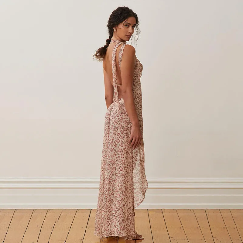 Spring and Summer New Women's Holiday Style Floral Suspender Irregular Dress