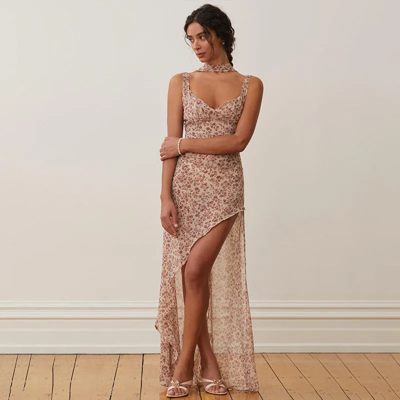 Spring and Summer New Women's Holiday Style Floral Suspender Irregular Dress