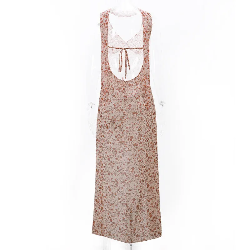Spring and Summer New Women's Holiday Style Floral Suspender Irregular Dress