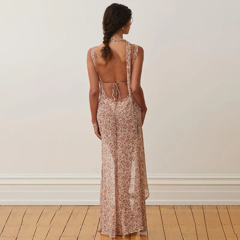 Spring and Summer New Women's Holiday Style Floral Suspender Irregular Dress
