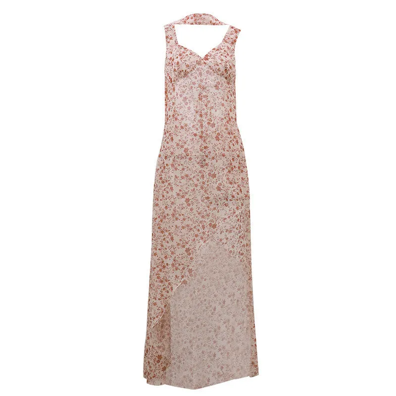 Spring and Summer New Women's Holiday Style Floral Suspender Irregular Dress