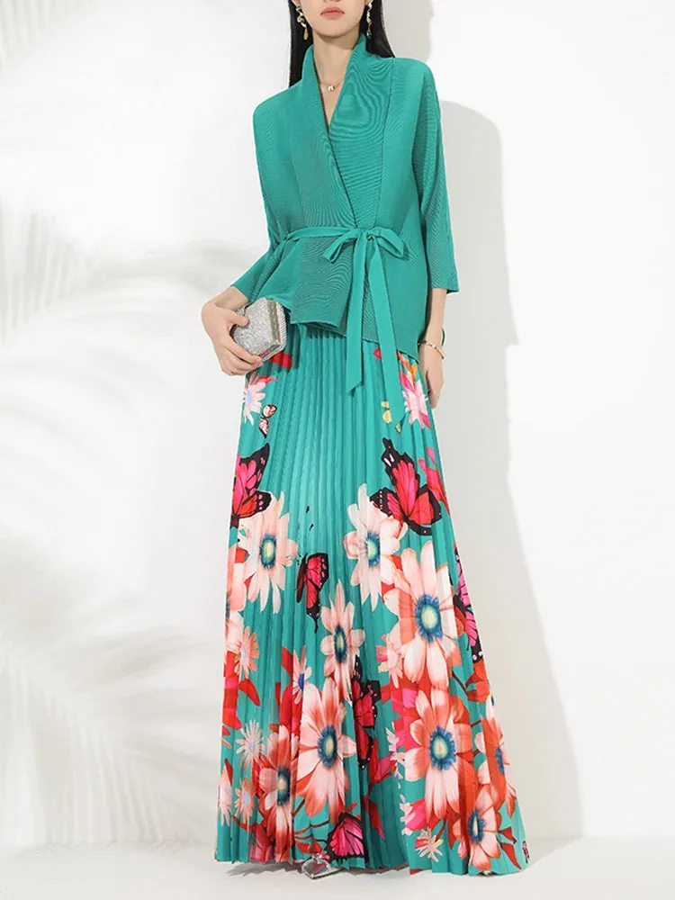 Truly Pleated 2-Piece Long Skirt & Coat Set