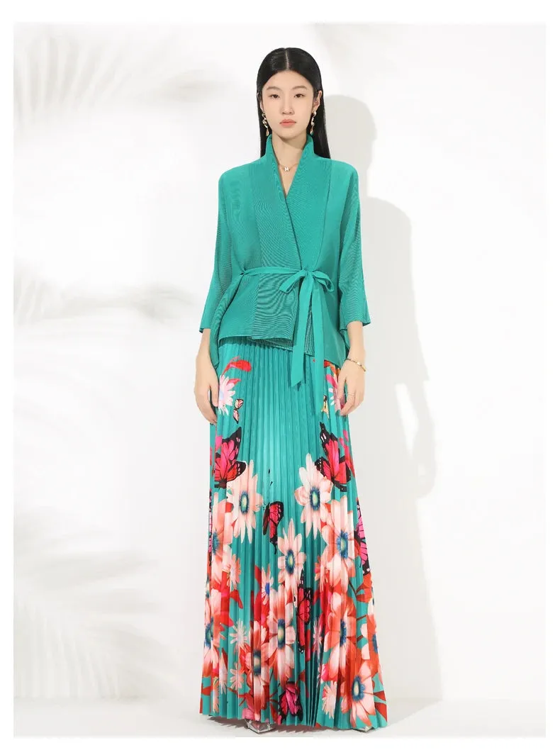 Truly Pleated 2-Piece Long Skirt & Coat Set