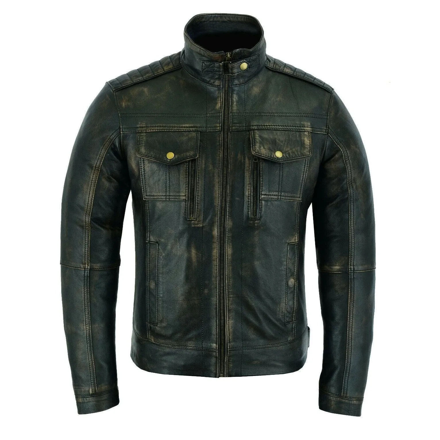 Vintage Antique Brushed Brown Cafe Retro Biker Leather Jacket Motorcycle Wax