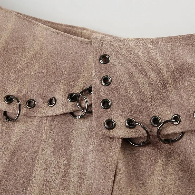 Vintage Brown Ring Suede Pleated Skirt
