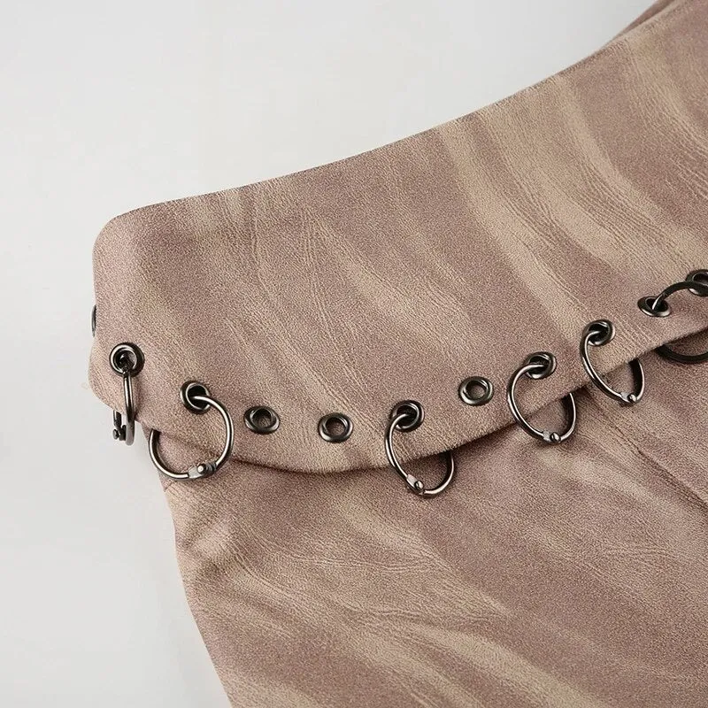 Vintage Brown Ring Suede Pleated Skirt