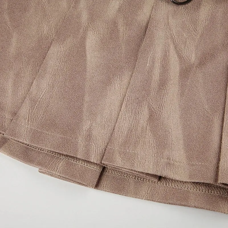 Vintage Brown Ring Suede Pleated Skirt