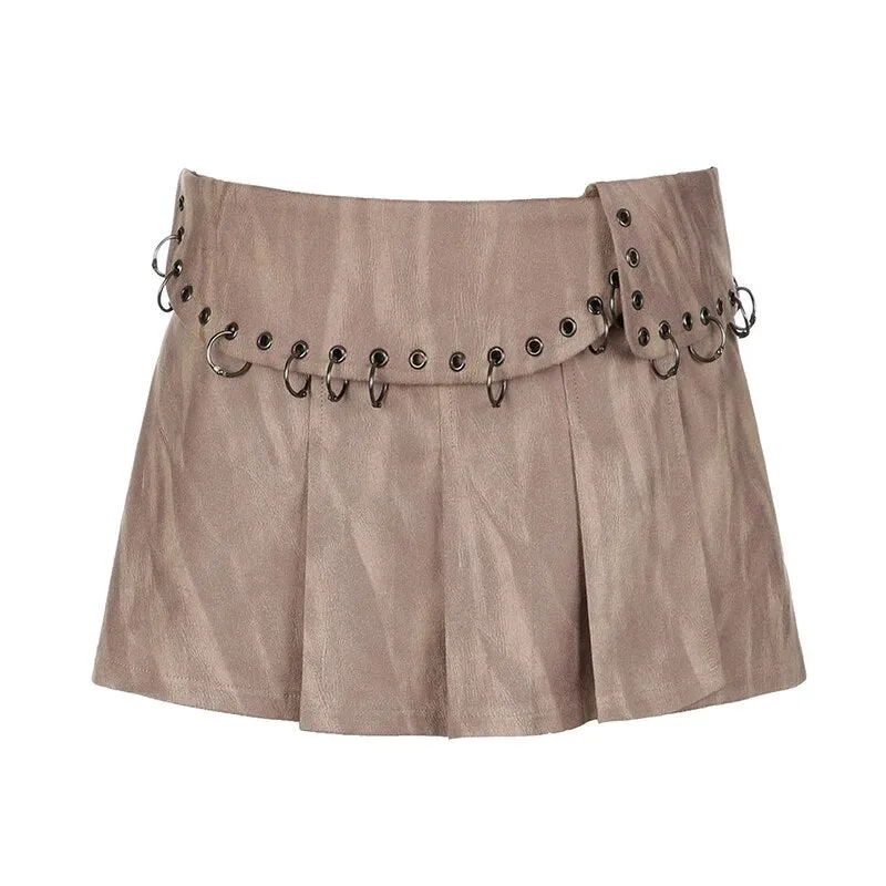 Vintage Brown Ring Suede Pleated Skirt