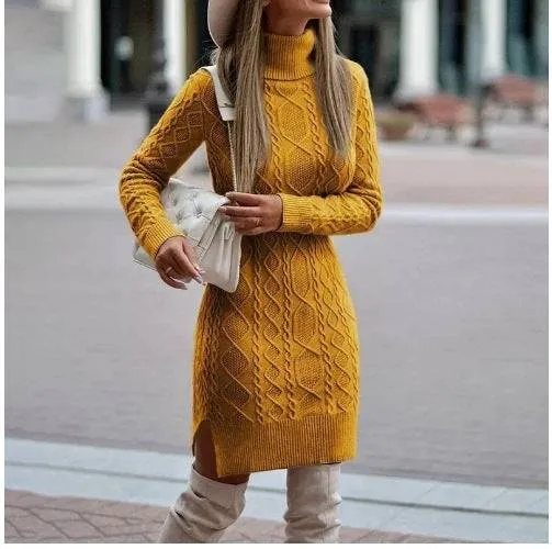 Women's Turtleneck Knitted Sweater Dress – Cozy Elegance with a Modern Slit Design