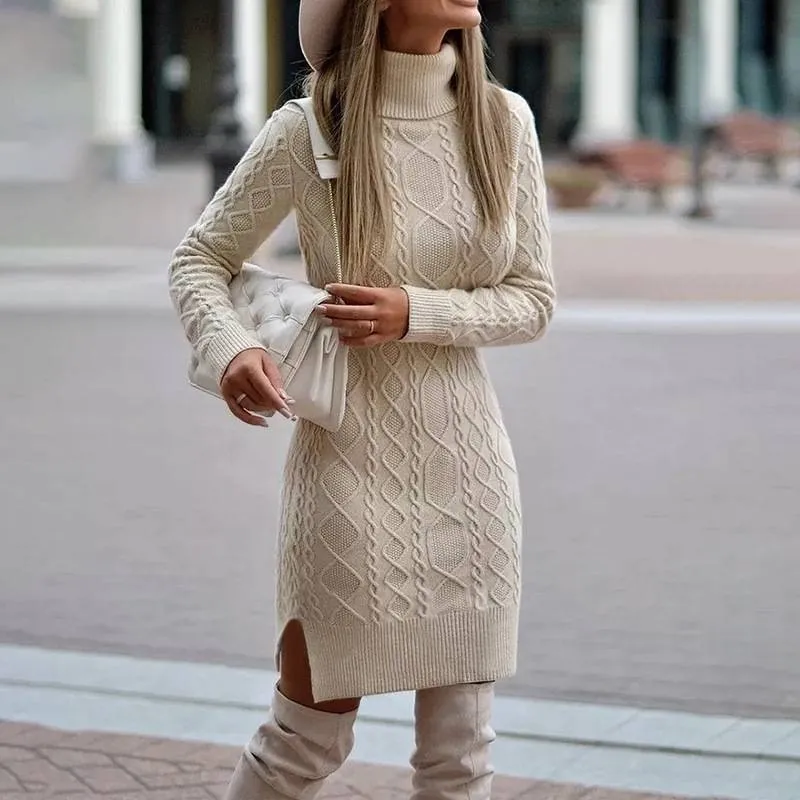 Women's Turtleneck Knitted Sweater Dress – Cozy Elegance with a Modern Slit Design
