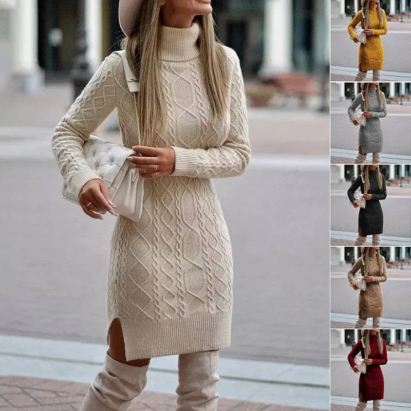 Women's Turtleneck Knitted Sweater Dress – Cozy Elegance with a Modern Slit Design