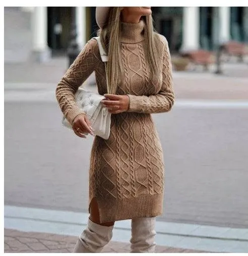 Women's Turtleneck Knitted Sweater Dress – Cozy Elegance with a Modern Slit Design