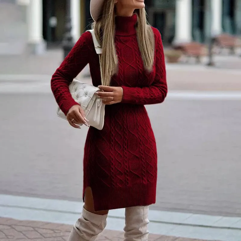 Women's Turtleneck Knitted Sweater Dress – Cozy Elegance with a Modern Slit Design