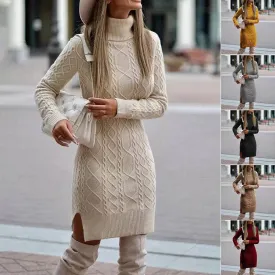 Women's Turtleneck Knitted Sweater Dress – Cozy Elegance with a Modern Slit Design