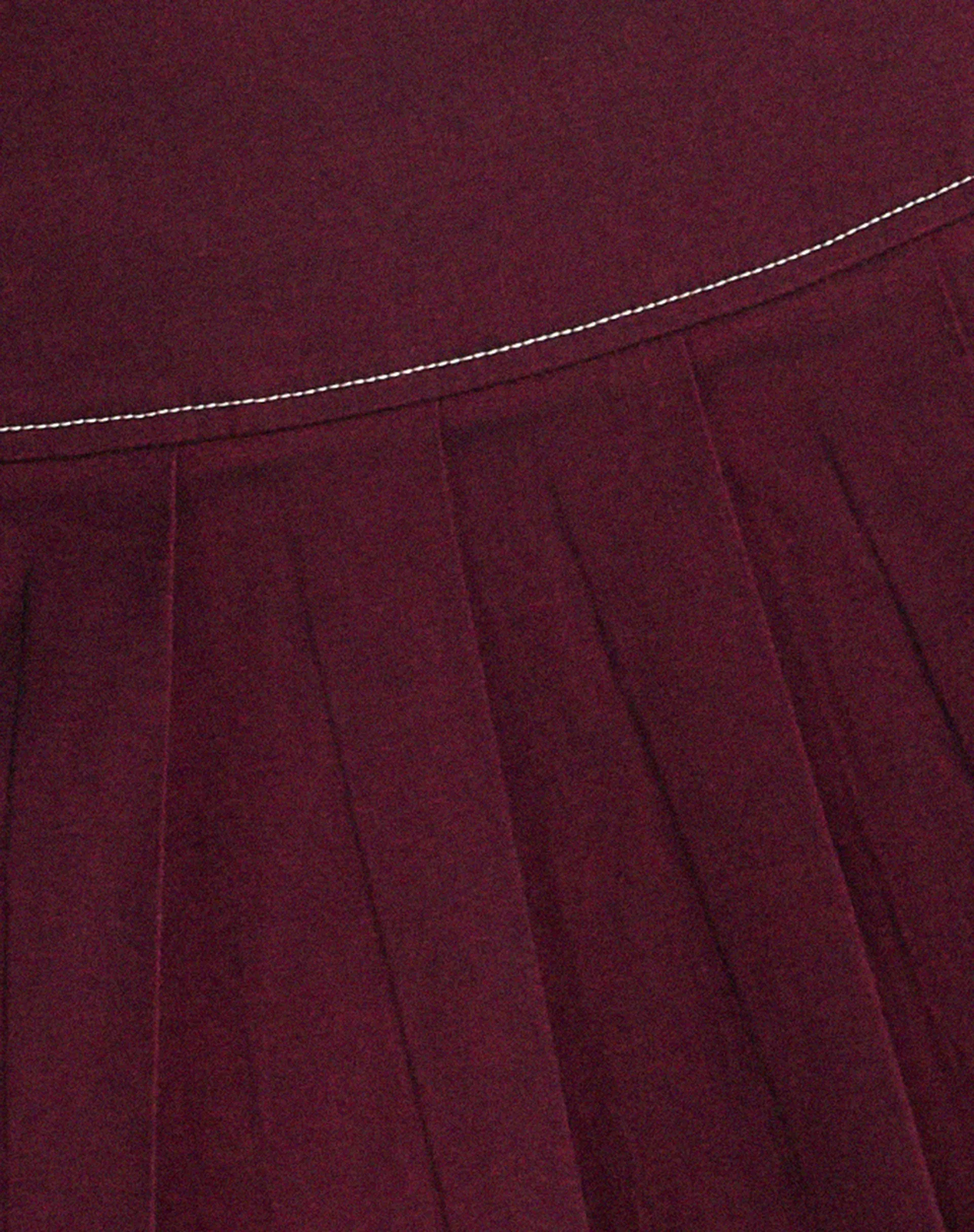 Zabini Low Rise Pleated Mini Skirt in Burgundy with Ecru Stitch Detail